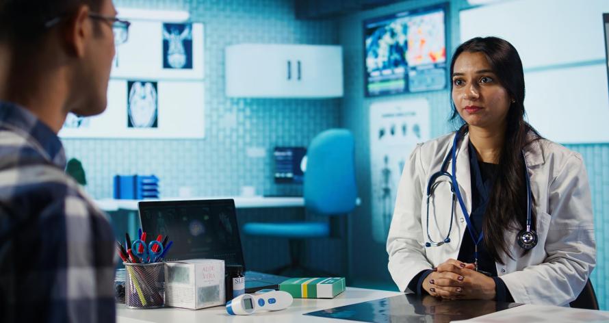 Medical expert and patient discussing diagnostic results in a modern cabinet, establishing advanced healthcare tools to present x ray imaging scans. Insurance management. Camera B.